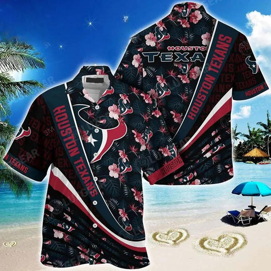 Houston Texans Nfl Football With Tropical Flower Pattern Hawaiian Shirt For Fans, NFL Hawaiian Shirt Moonbestprint