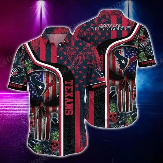 Houston Texans Nfl Hawaiian Shirt Graphic Tropical Pattern Skull Punisher 3D Printed Best Gift For Fans, NFL Hawaiian Shirt Moonbestprint