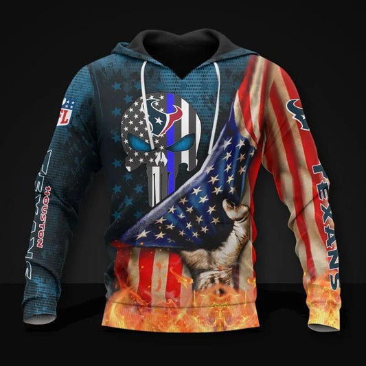 Houston Texans Skull American Flag All Over Print Hoodie, NFL Hoodie Moonbestprint