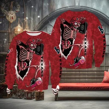 Houston Texans Skull Halloween Ugly Christmas Sweater, NFL Chritsmas Sweater Moonbestprint