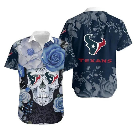 Houston Texans Skull Nfl Gift For Fan Hawaiian Graphic Print Short Sleeve Hawaiian Shirt, NFL Hawaiian Shirt Moonbestprint