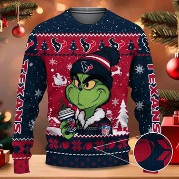 Houston Texans The Grinch Drink Coffee Ugly Christmas Sweater, NFL Christmas Sweater Moonbestprint