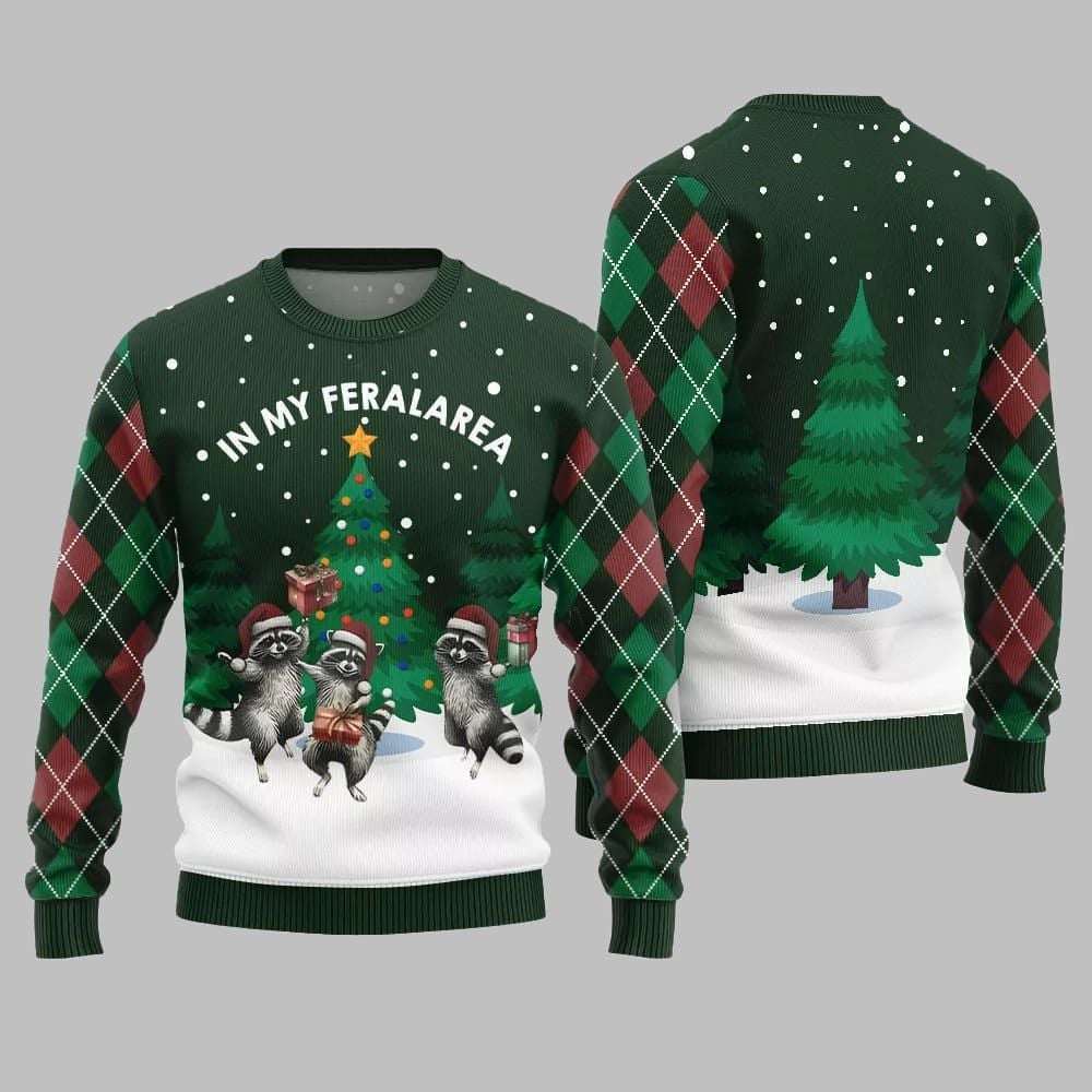 In My Feral Area Raccoon Ugly Sweater Christmas 2026 - Moonbestprint