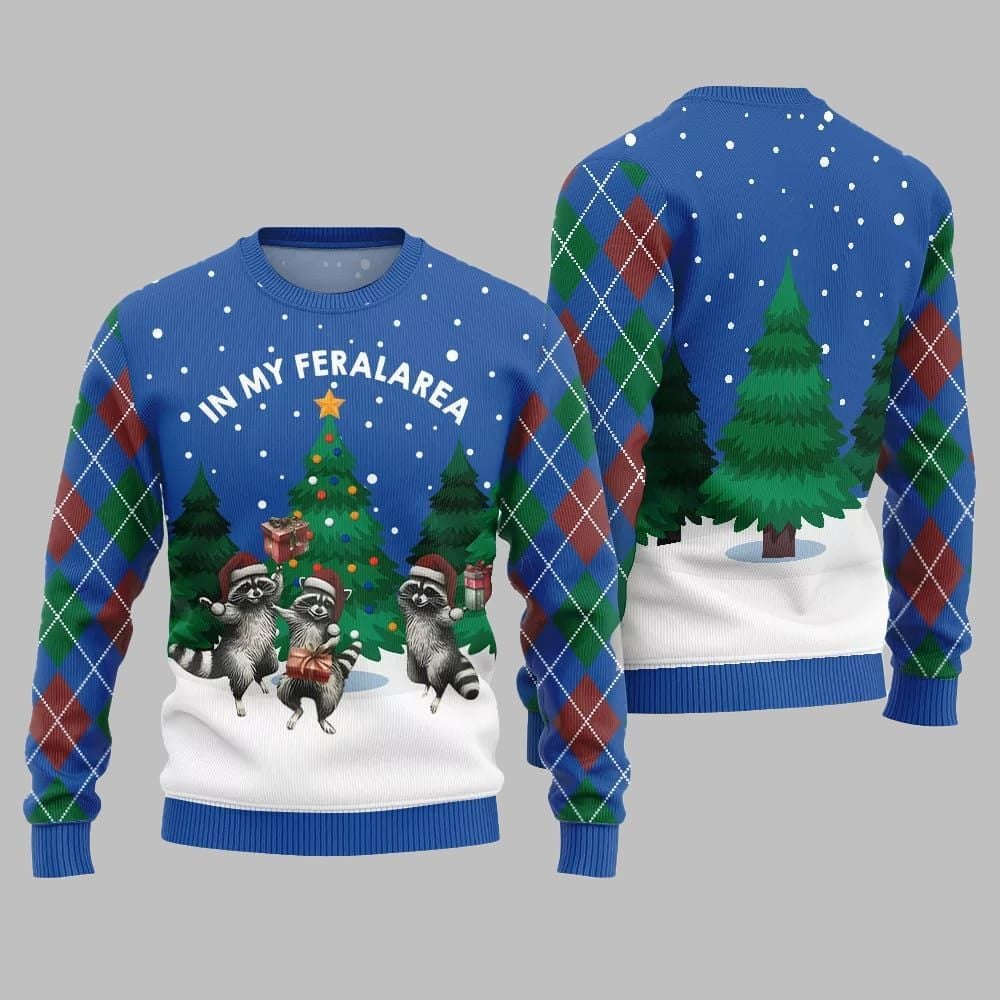 In My Feral Area Raccoon Ugly Sweater Christmas 2026 - Moonbestprint