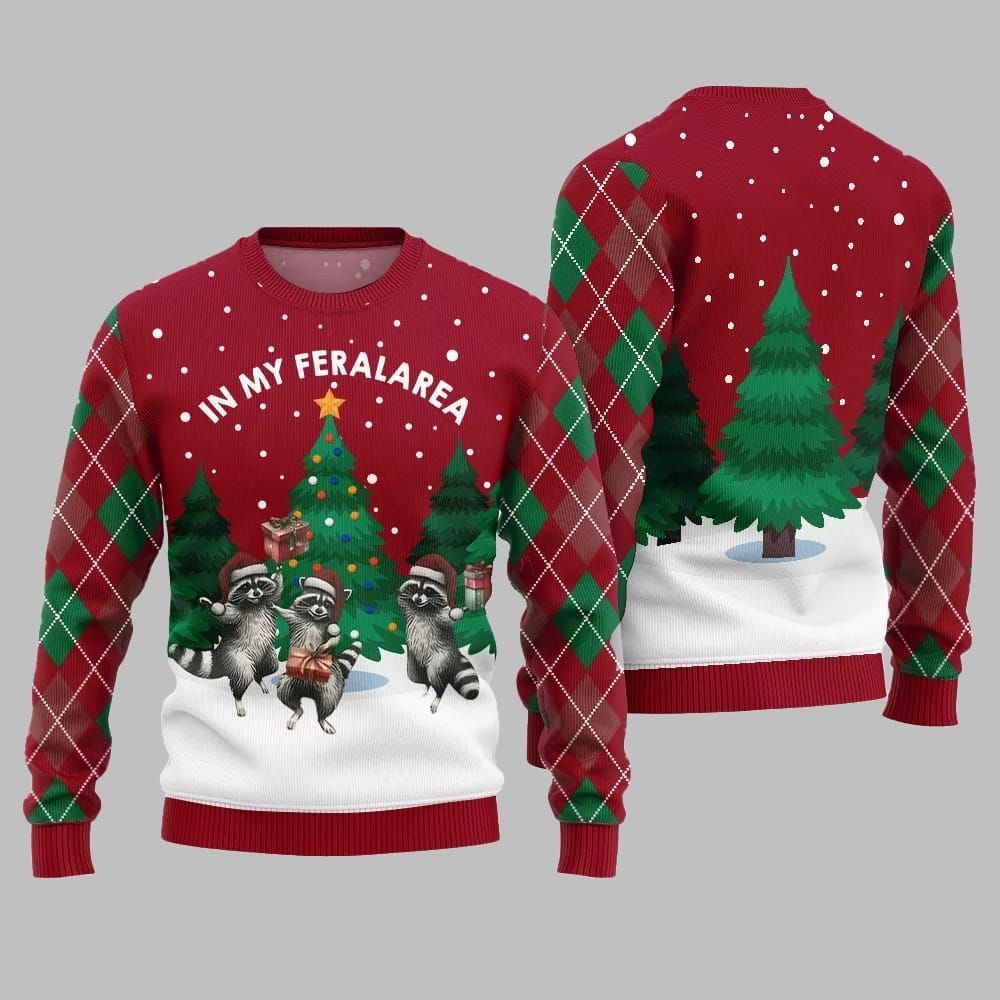 In My Feral Area Raccoon Ugly Sweater Christmas 2026 - Moonbestprint