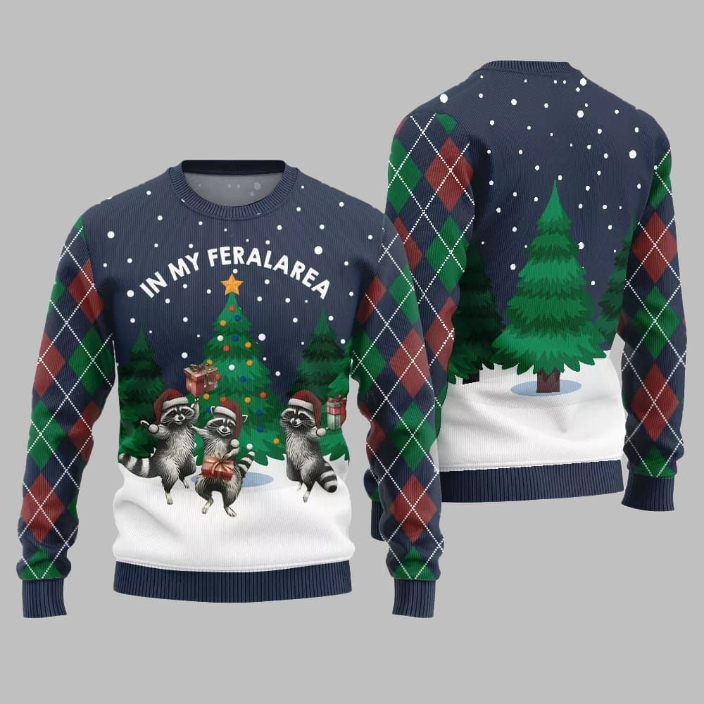 In My Feral Area Raccoon Ugly Sweater Christmas 2026 - Moonbestprint