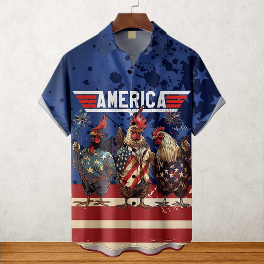 Independence Day Rooster American Flag Hawaiian Shirt- Moonbestprint