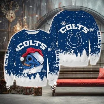 Indianapolis Colts Christmas Skull Garland Halloween Ugly Christmas Sweater, NFL Chritsmas Sweater Moonbestprint