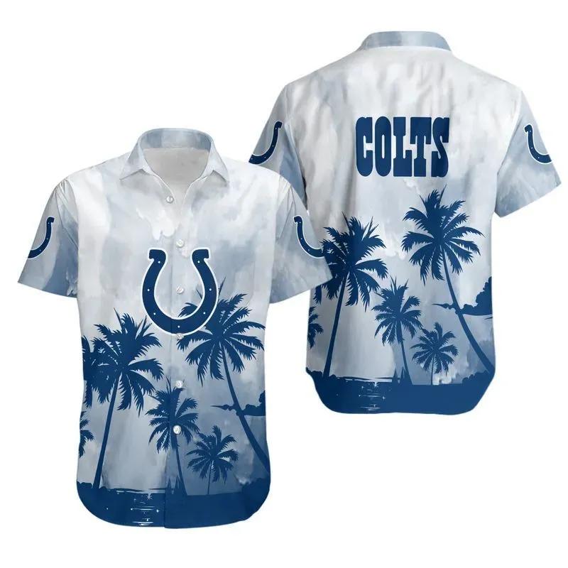 Indianapolis Colts Coconut Trees Nfl Gift For Fan Hawaiian Graphic Print Short Sleeve Hawaiian Shirt, NFL Hawaiian Shirt Moonbestprint