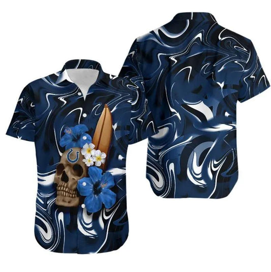 Indianapolis Colts Skull And Hibiscus Flower Nfl Gift For Fan Hawaii Shirt Summer Collection, NFL Hawaiian Shirt Moonbestprint