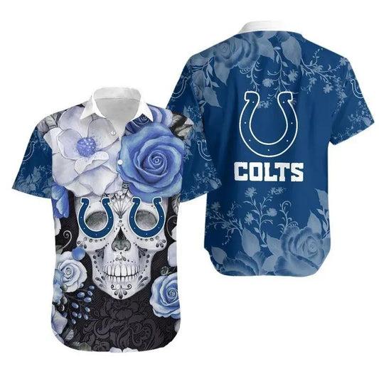 Indianapolis Colts Skull Nfl Gift For Fan Hawaiian Graphic Print Short Sleeve Hawaiian Shirt, NFL Hawaiian Shirt Moonbestprint