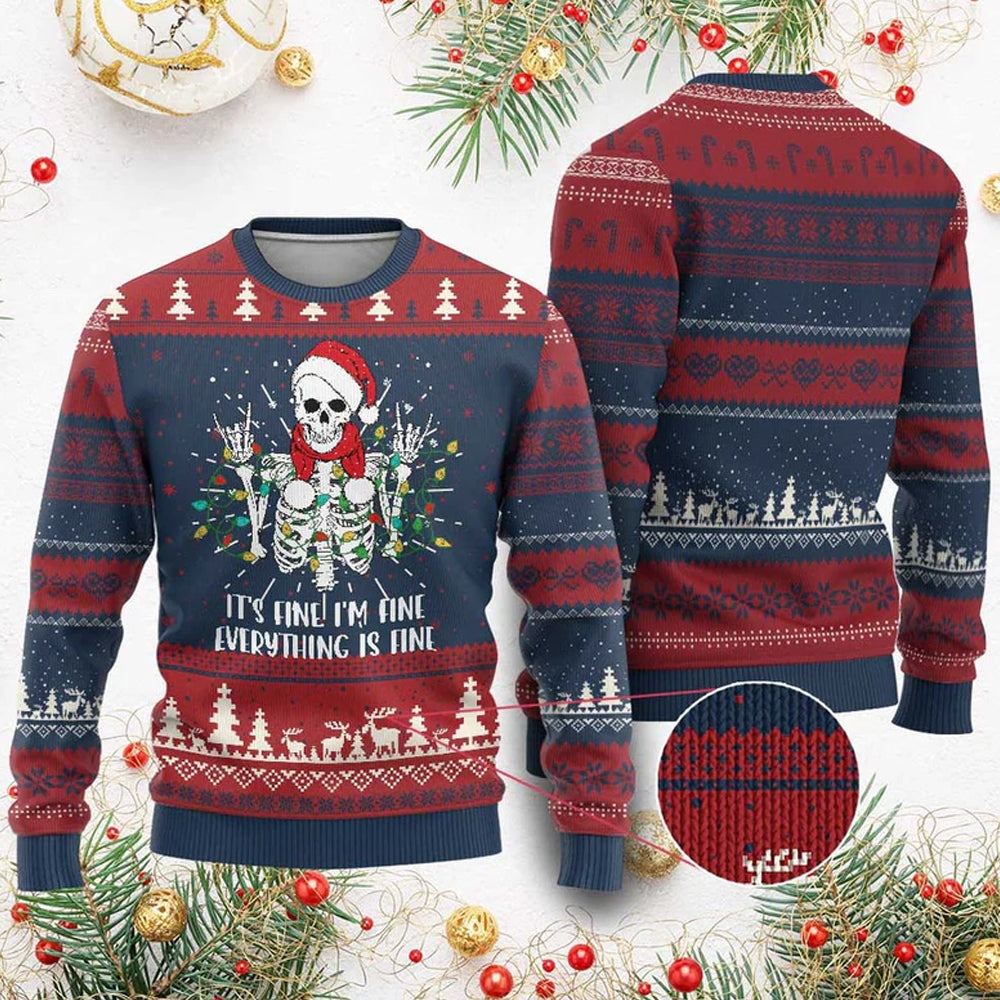 It's Fine I'm Fine Everything Is Fine Skeleton Ugly Christmas Sweater - Moonbestprint