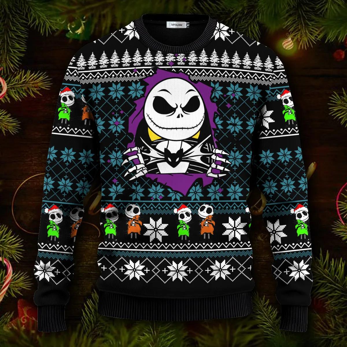Jack Skeleton Nightmare Before Christmas Sweatshirt, Skull Xmas Sweater Moonbestprint