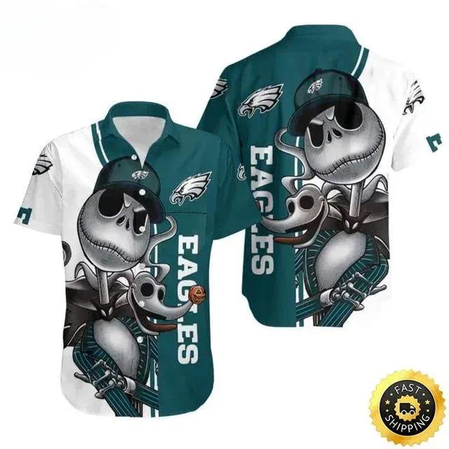 Jack Skellington And Zero Philadelphia Eagles Hawaiian Shirt, NFL Hawaiian Shirt Moonbestprint