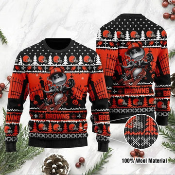 Jack Skellington Cleveland Browns Ugly Christmas Sweater, NFL Christmas Sweater Moonbestprint