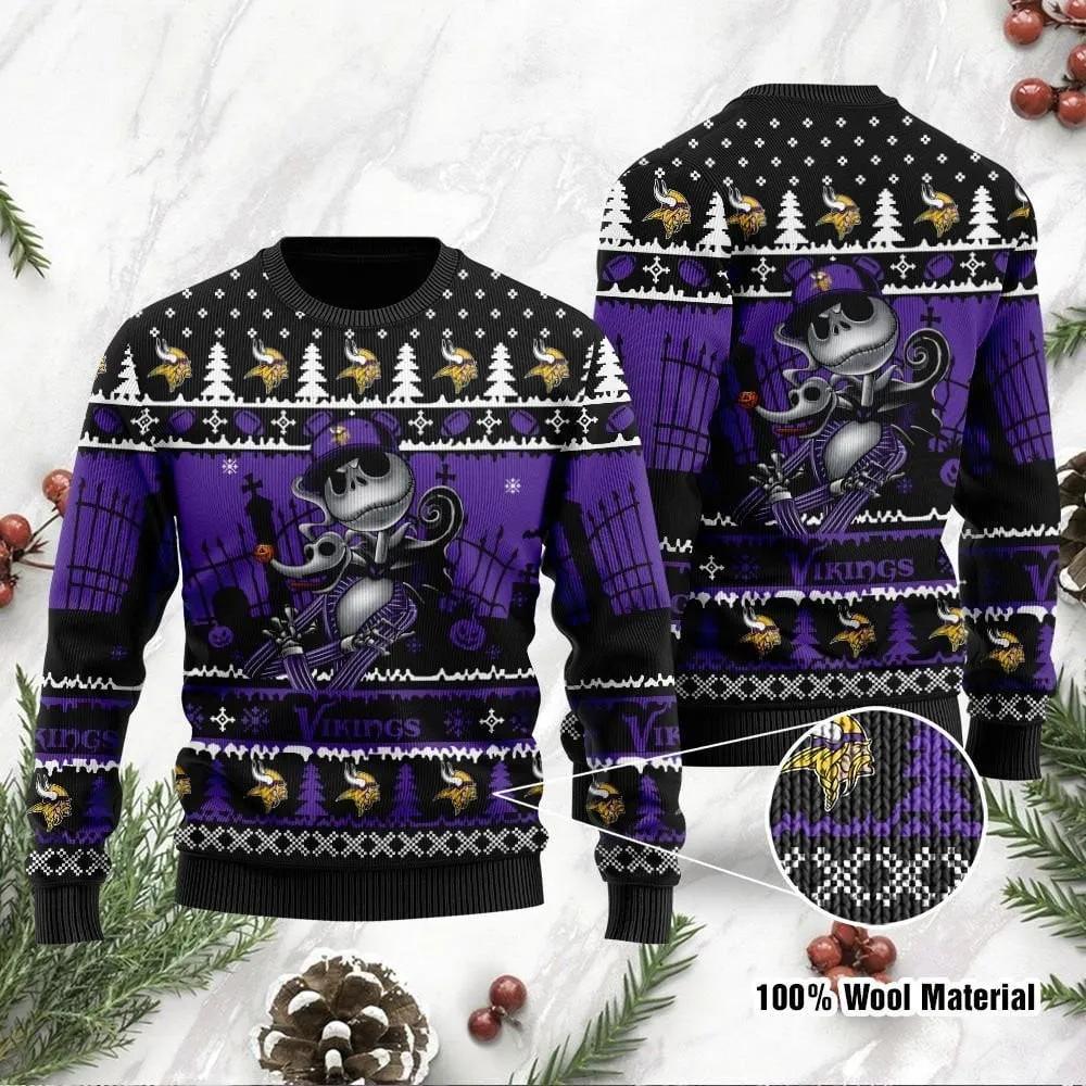 Jack Skellington Minnesota Vikings  Halloween Ugly Christmas Sweater Moonbestprint