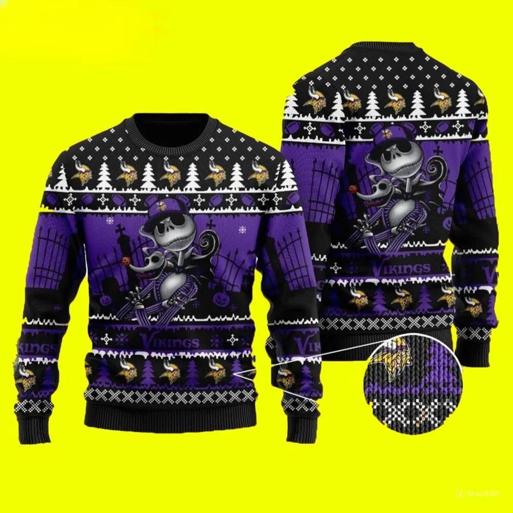 Jack Skellington Minnesota Vikings Ugly Christmas Sweater, NFL Christmas Sweater Moonbestprint