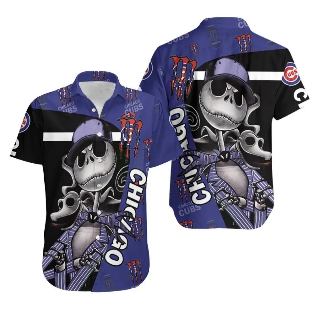 Jack Skellington Monster Energy Logo Chicago Cubs Hawaiian Shirt, MLB Hawaiian Shirt Moonbestprint