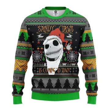 Jack Skellington Nightmare Before Christmas Sandy Claws Is Coming To Town Ugly Christmas Sweater Moonbestprint