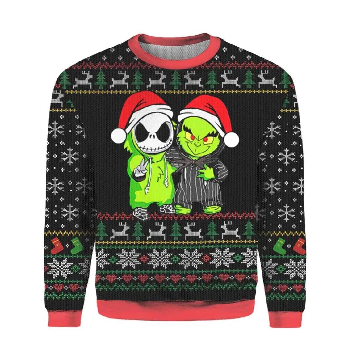 Jack Skellington and Grinch Ugly Christmas Sweater, Skeleton Sweatshirt Moonbestprint
