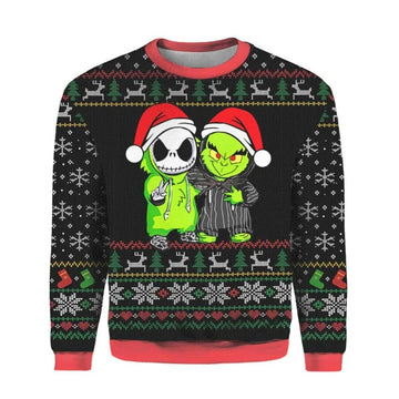 Jack Skellington and Grinch Ugly Christmas Sweater, Skeleton Sweatshirt Moonbestprint