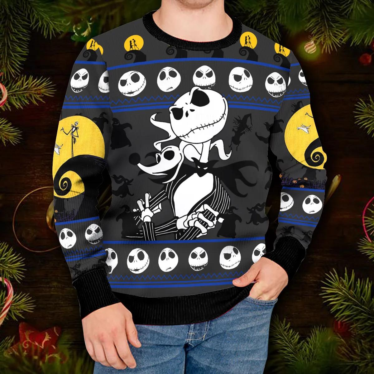 Jack and Zero Skellington Nightmare Before Christmas Ugly Christmas Sweater Moonbestprint