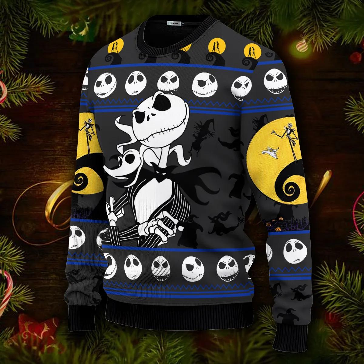 Jack and Zero Skellington Nightmare Before Christmas Ugly Christmas Sweater Moonbestprint