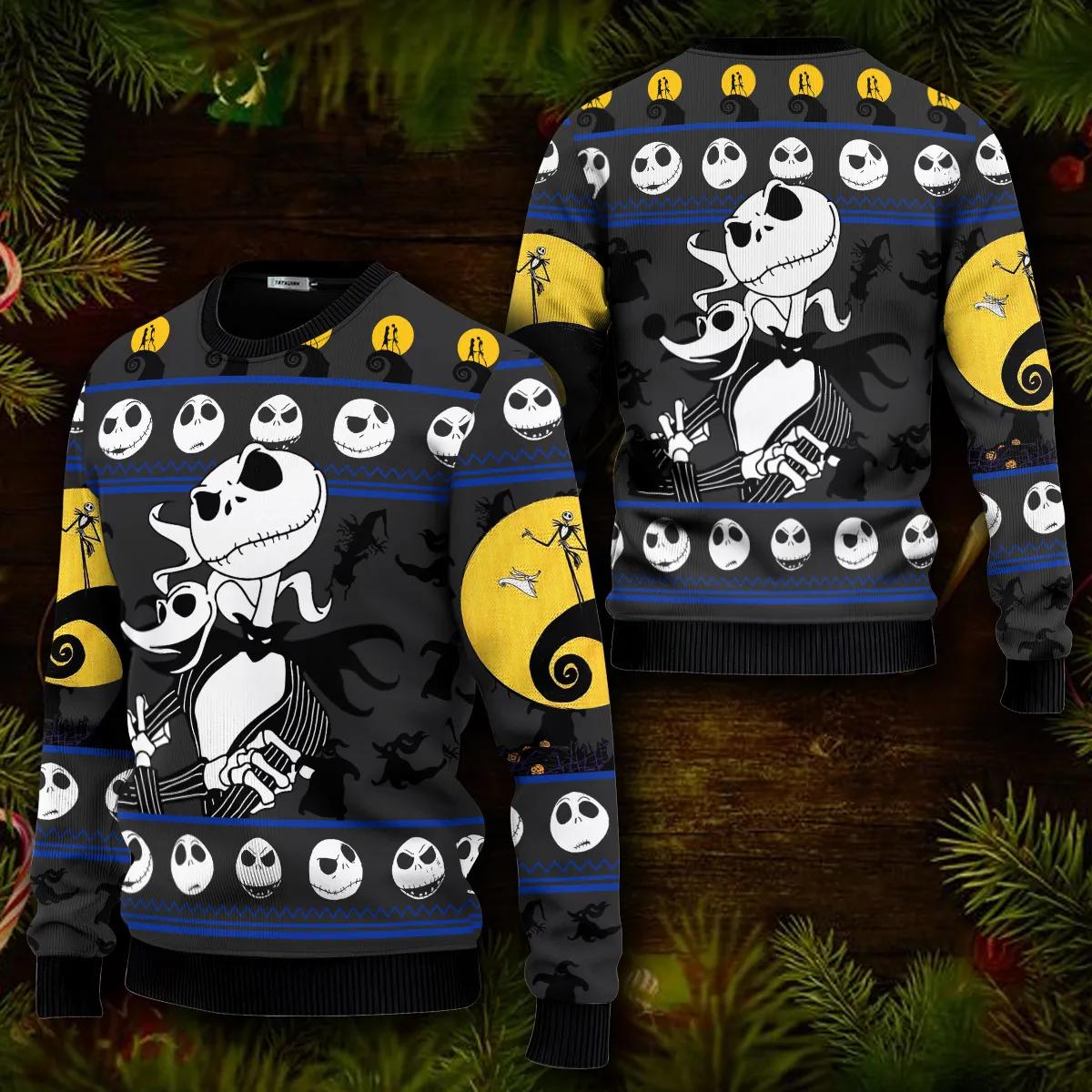 Jack and Zero Skellington Nightmare Before Christmas Ugly Christmas Sweater Moonbestprint