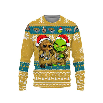 Jacksonville Jaguars Baby Groot And Grinch Best Friends Ugly Christmas Sweater, NFL Christmas Sweater Moonbestprint