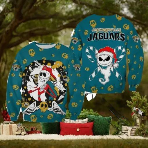 Jacksonville Jaguars Christmas Jack Skellington Snowy Ugly Christmas Sweater, NFL Chritsmas Sweater Moonbestprint