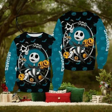Jacksonville Jaguars Jack Skellington Gathering Ugly Christmas Sweater, NFL Chritsmas Sweater Moonbestprint