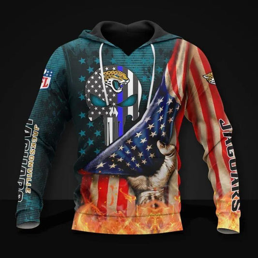 Jacksonville Jaguars Skull American Flag All Over Print Hoodie, NFL Hoodie Moonbestprint