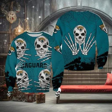 Jacksonville Jaguars Skull Hallowen Ugly Christmas Sweater, NFL Chritsmas Sweater Moonbestprint