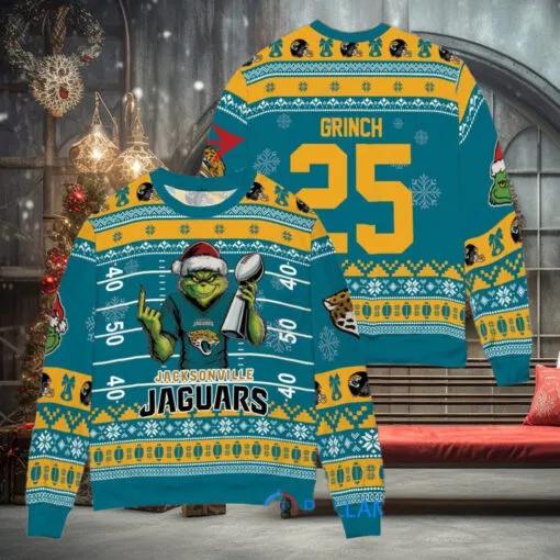 Jacksonville Jaguars x Grinch Christmas Dr. Seuss How the Grinch Stole Christmas with Super Bowl Trophy Custom Ugly Christmas Sweater, NFL Chritsmas Sweater Moonbestprint