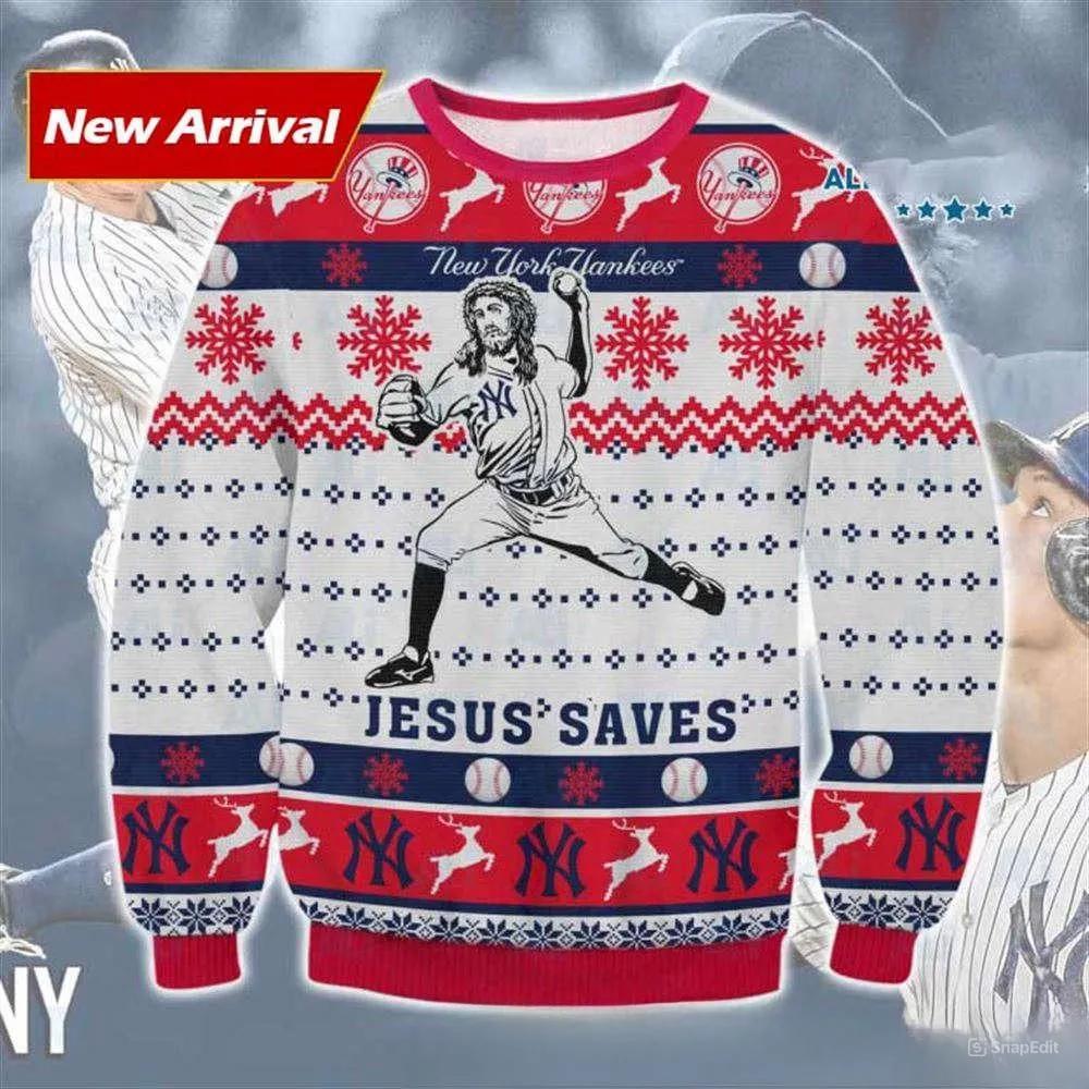 Jesus Saves New York Yankees Ugly Christmas Sweater, MLB Christmas Sweater Moonbestprint
