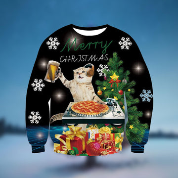 Jing Beer Pizza Cat Ugly Christmas Sweater - Moonbestprint