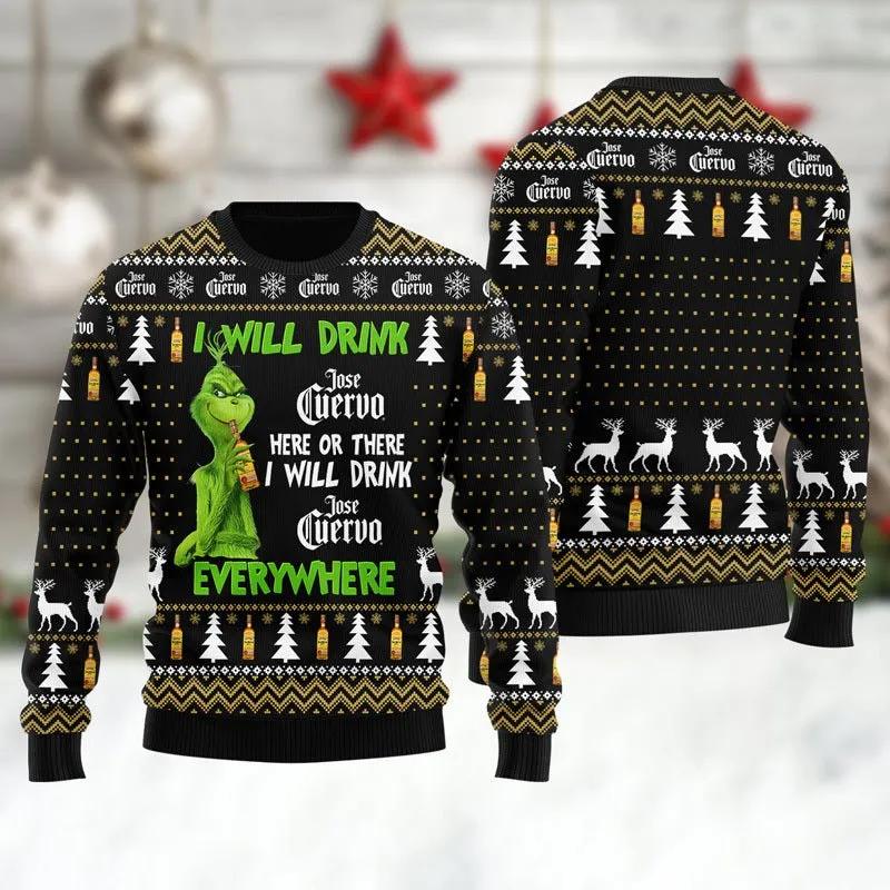 Jose Cuervo Grinch Will Drink Everywhere Ugly Sweater, Grinch Holiday Sweater Moonbestprint