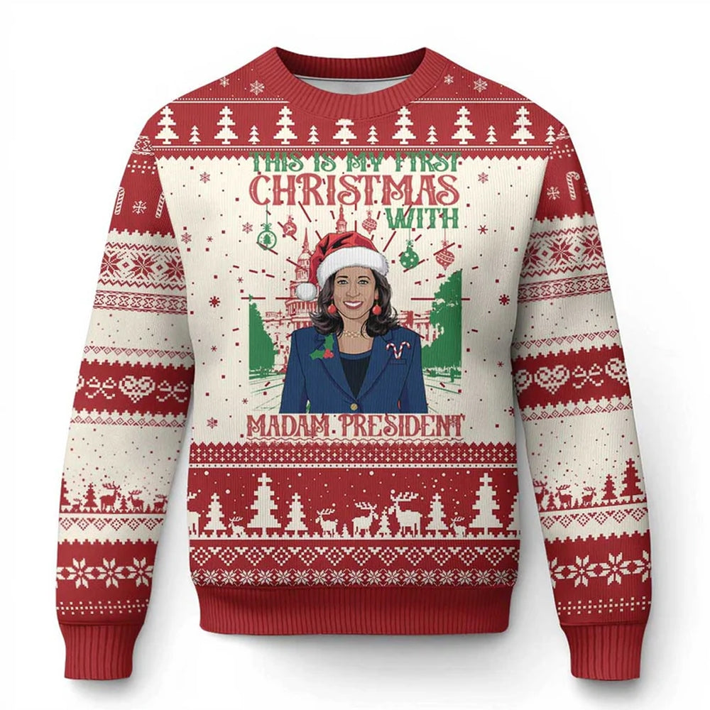 Kamala This Is My First Christmas With Madam President Ugly Christmas Sweater - Moonbestprint