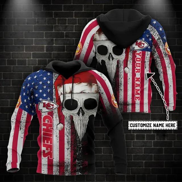 Kansas City Chiefs American Flag Skull Christmas Personalized 3D Hoodie, NFL Hoodie Moonbestprint