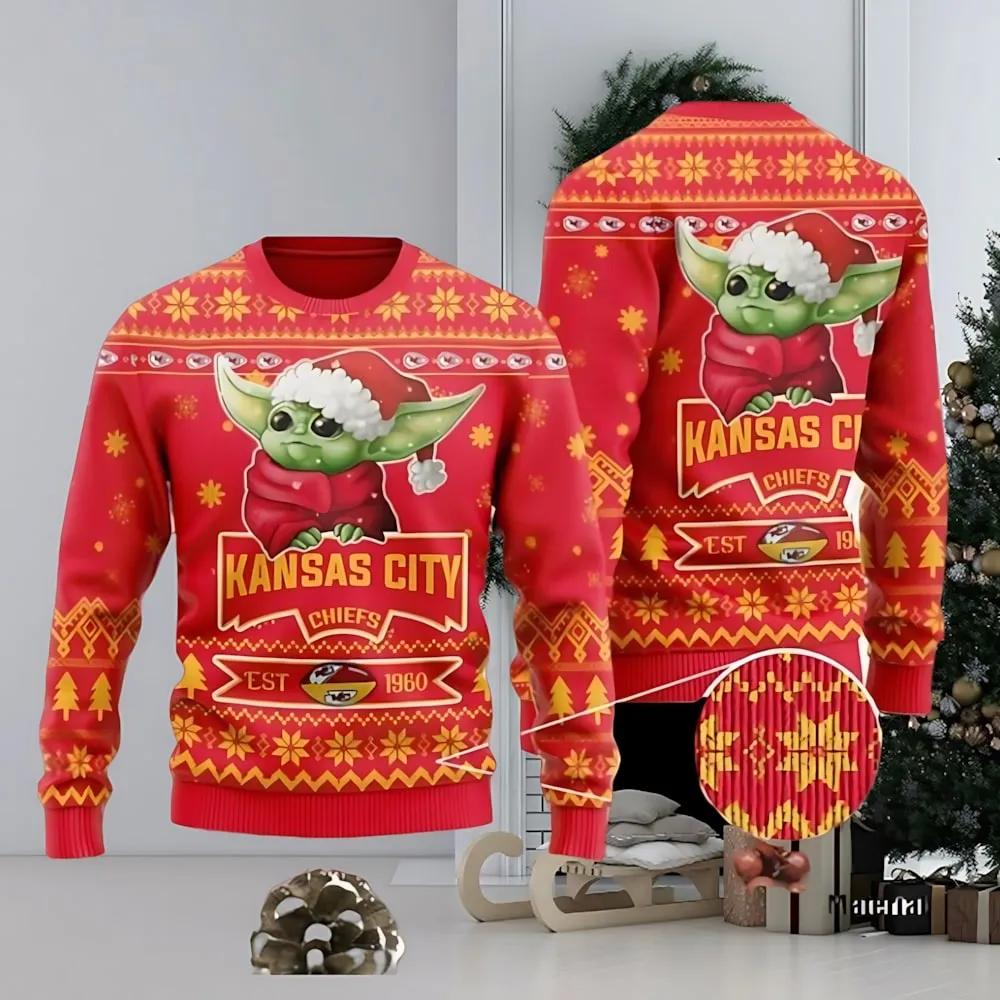 Kansas City Chiefs Cute Baby Yoda Grogu Ugly Christmas Sweater, NFL Christmas Sweater Moonbestprint