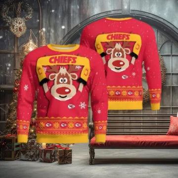 Kansas City Chiefs Cute Reindeer Ugly Christmas Sweater, NFL Chritsmas Sweater Moonbestprint