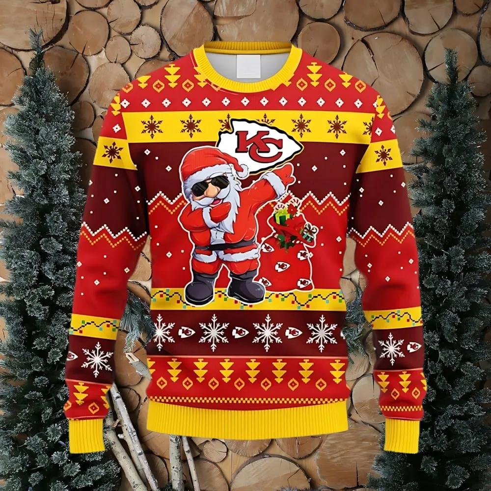 Kansas City Chiefs Dabbing Santa Claus Christmas Ugly Sweater, NFL Christmas Sweater Moonbestprint