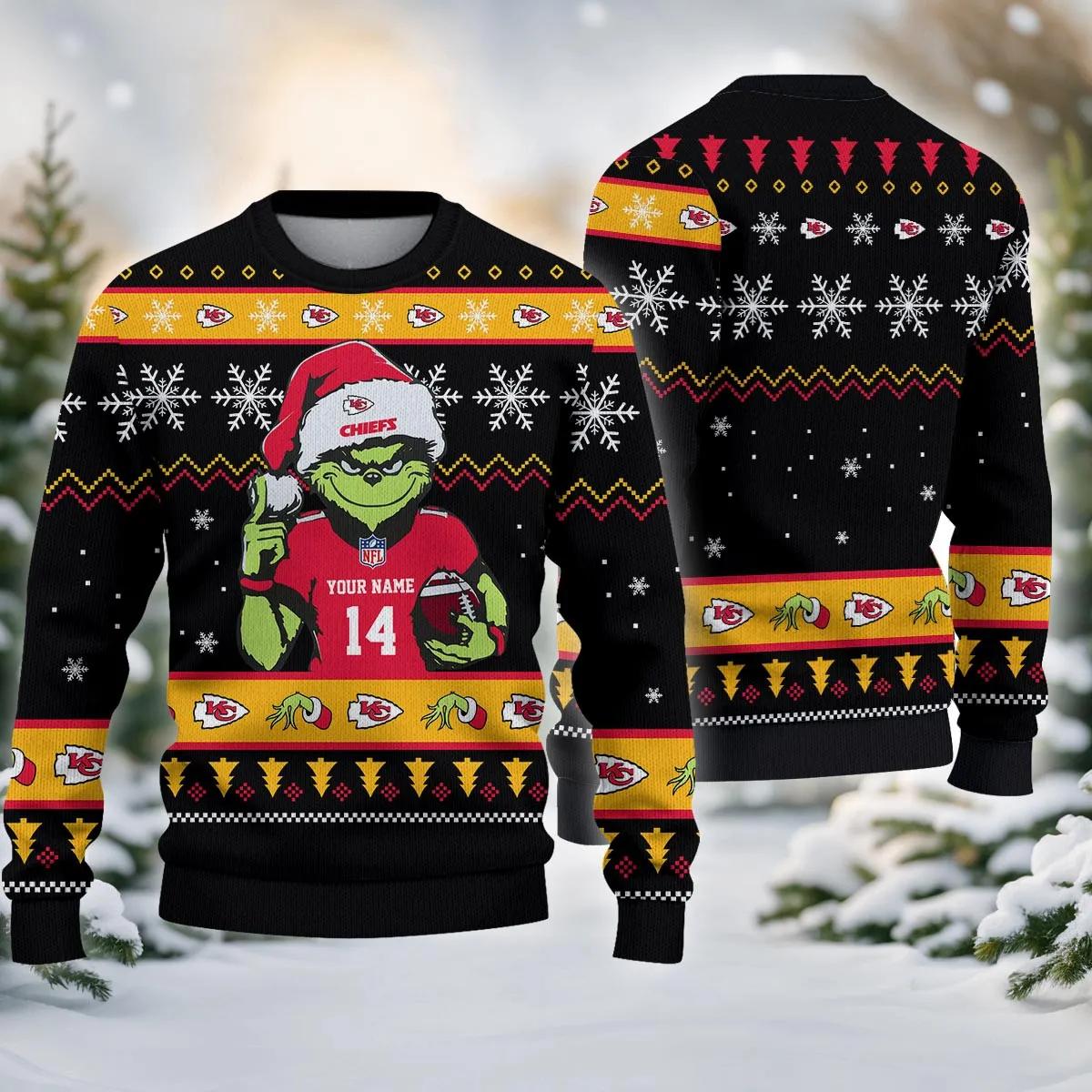 Kansas City Chiefs Grinch Custom Ugly Chrismas Sweater, NFL Christmas Sweater Moonbestprint