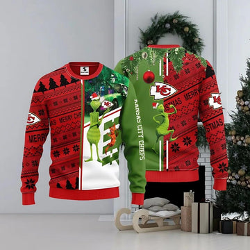 Kansas City Chiefs Grinch &amp; Scooby Doo Ugly Christmas Sweater, NFL Christmas Sweater Moonbestprint