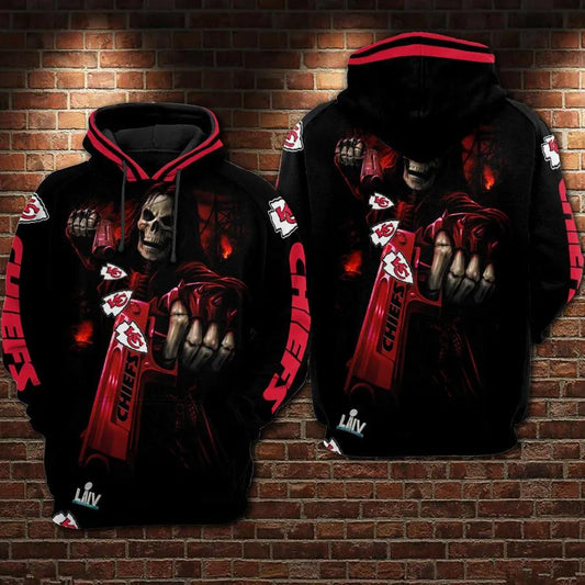 Kansas City Chiefs Skeleton Gun 3D Hoodie, NFL Hoodie Moonbestprint