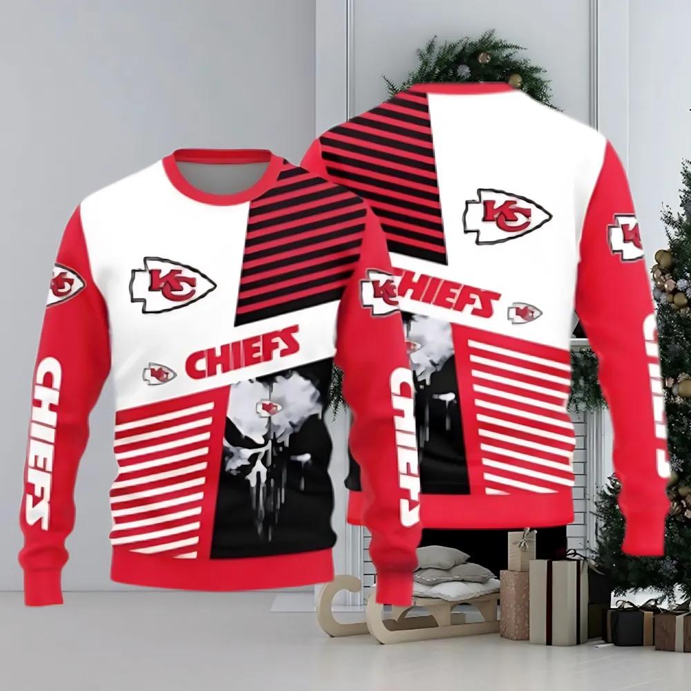 Kansas City Chiefs Skull Pattern Ugly Christmas Sweater, NFL Christmas Sweater Moonbestprint