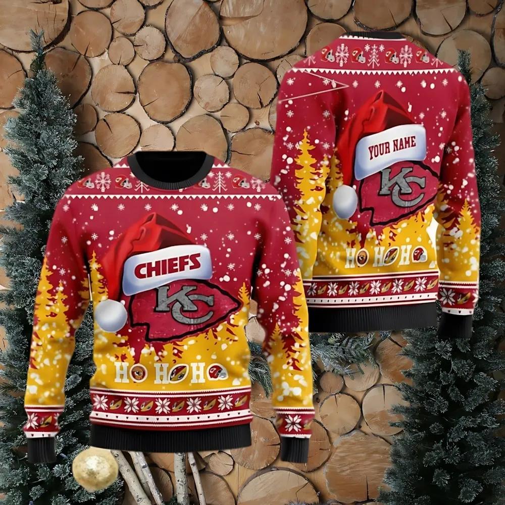 Kansas City Chiefs Symbol Wearing Santa Claus Hat Ho Ho Ho Personalized Ugly Christmas Sweater, NFL Christmas Sweater Moonbestprint