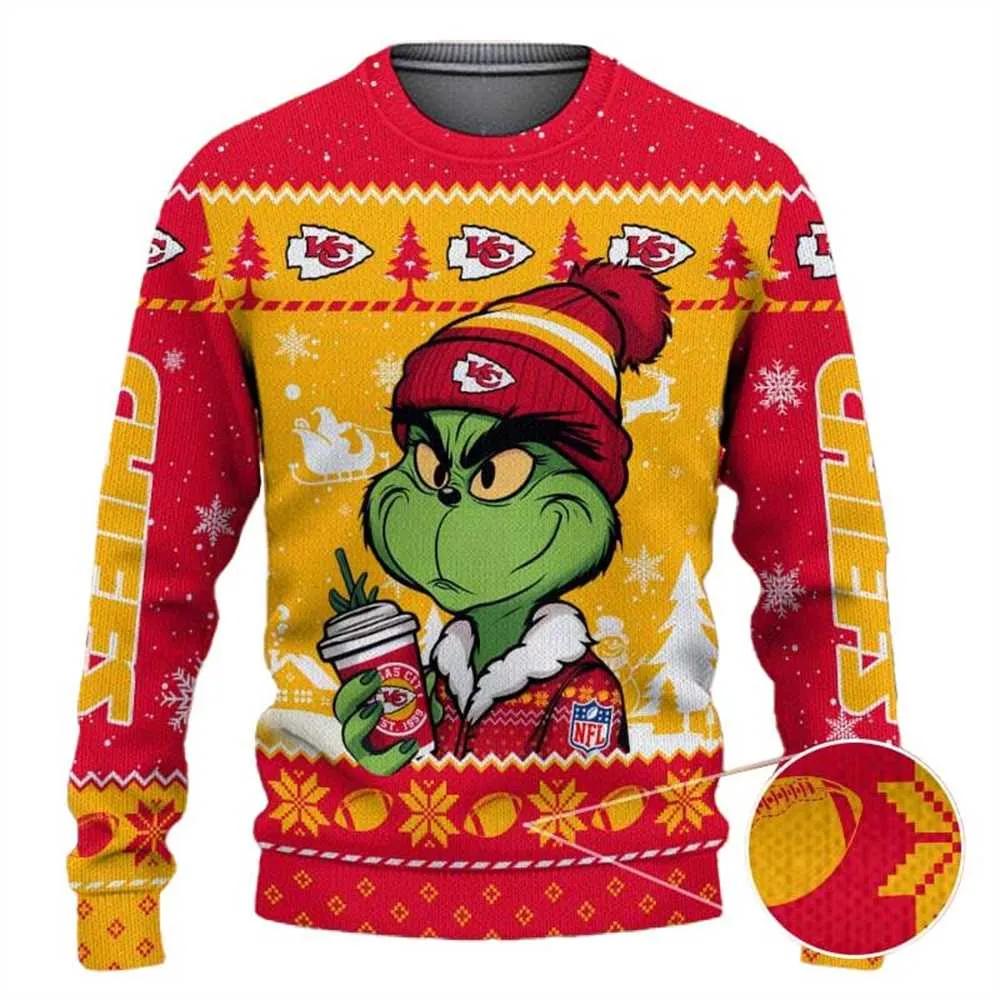Kansas City Chiefs The Grinch Drink Coffee Ugly Christmas Sweater, NFL Christmas Sweater Moonbestprint