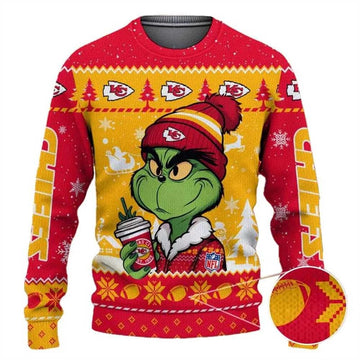 Kansas City Chiefs The Grinch Drink Coffee Ugly Christmas Sweater, NFL Christmas Sweater Moonbestprint
