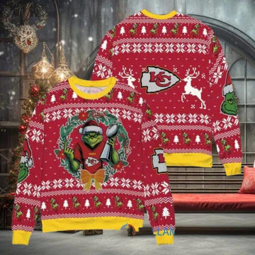 Kansas City Chiefs x Grinch NFL Dr. Seuss How the Grinch Stole Christmas with Super Bowl Trophy Ugly Christmas Sweater, NFL Chritsmas Sweater Moonbestprint